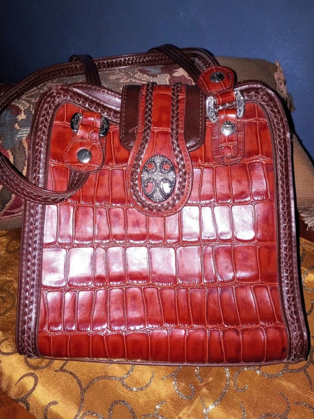 Crocodile Embossed Shoulder Bag in Red & Brown